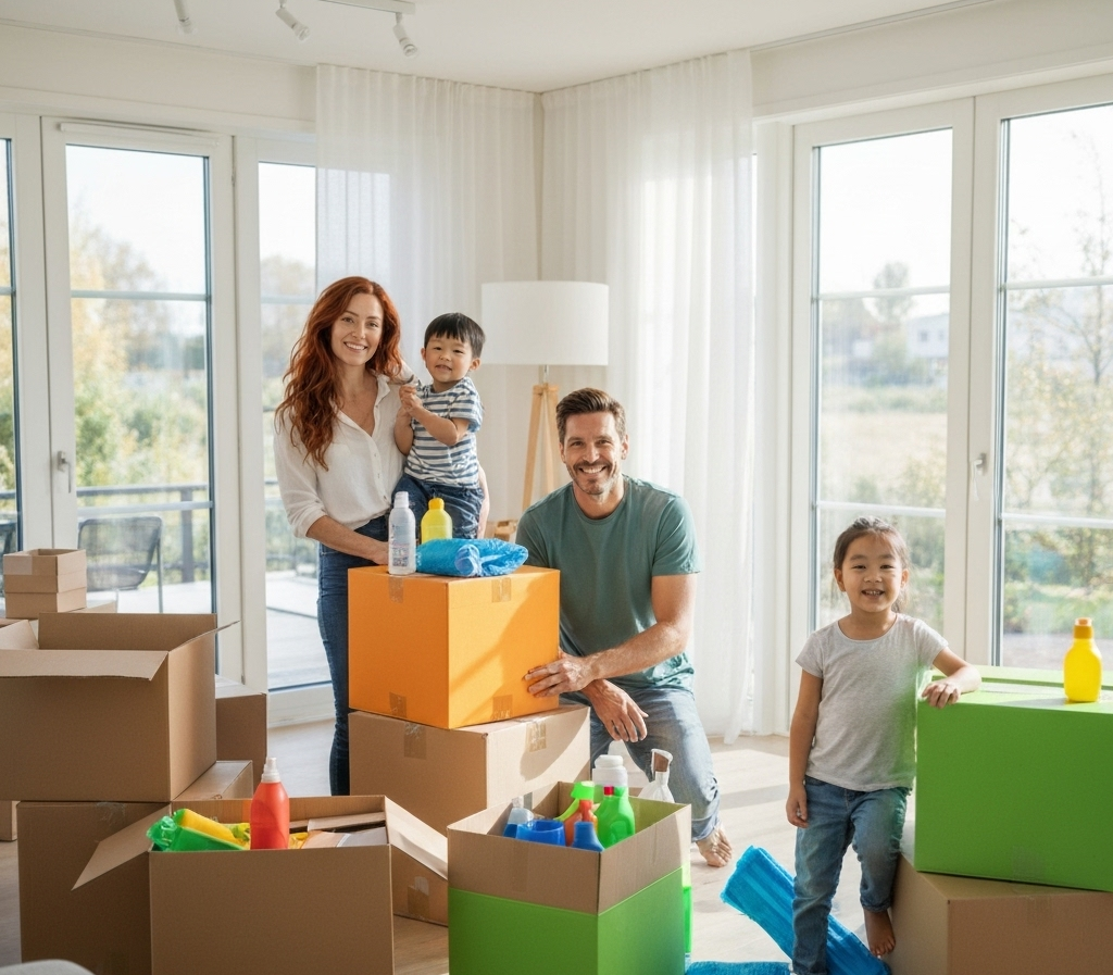 Familj som använder National Logistiks flytthjälp tjänster